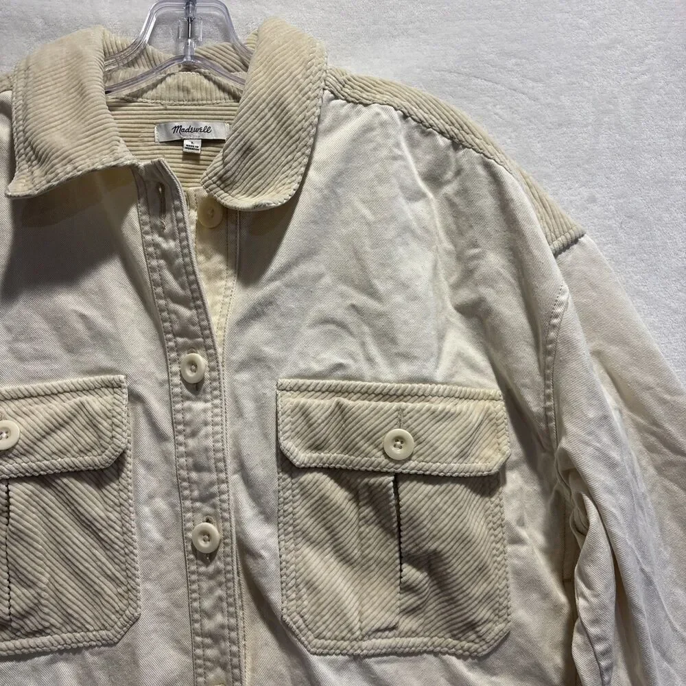 Madewell Women’s Cotton Chino Boxy Shirt Jacket Natural Size Large Elbow Patches